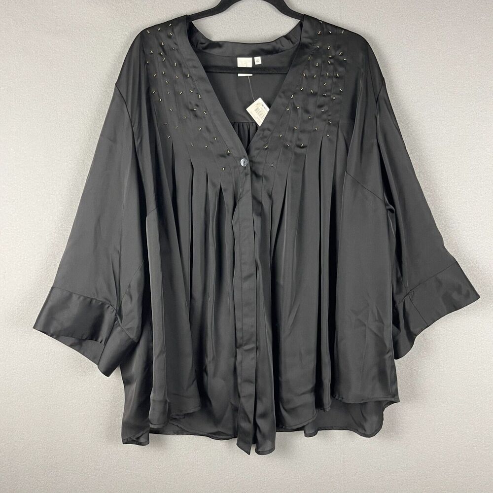 J Jones New York Satin Cardigan‎ Womens 3X Black Pleated Beaded 3/4 Sleeve Flowy
